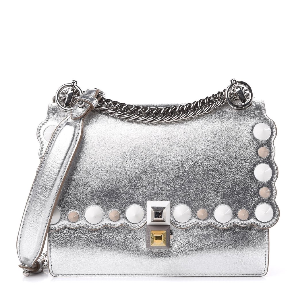 Fendi Fendi Kan I Metallic Silver Calfskin Scalloped Studded Bag