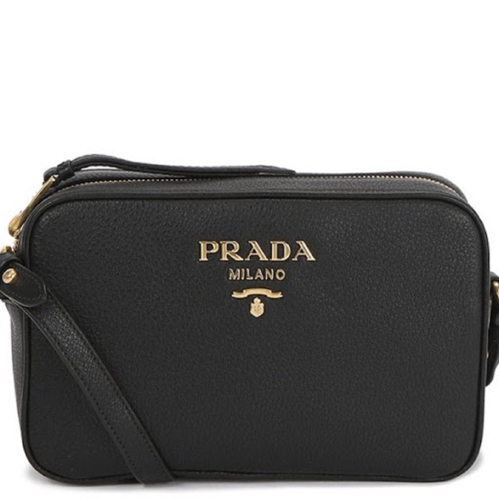Prada Prada Vitello Phenix Black Leather Gold Logo Camera Crossbody Bag