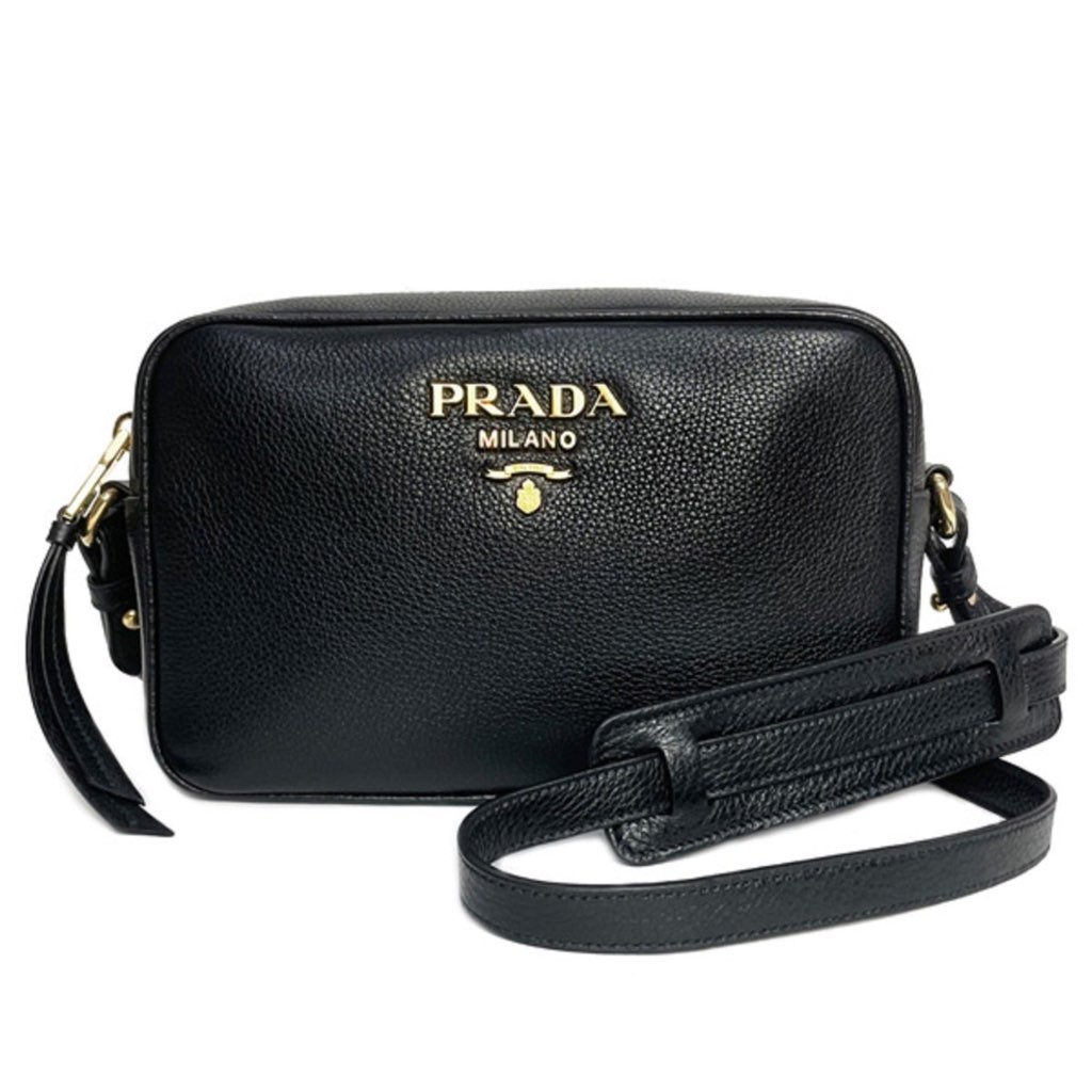 Prada Prada Vitello Phenix Black Leather Gold Logo Camera Crossbody Bag - Back view