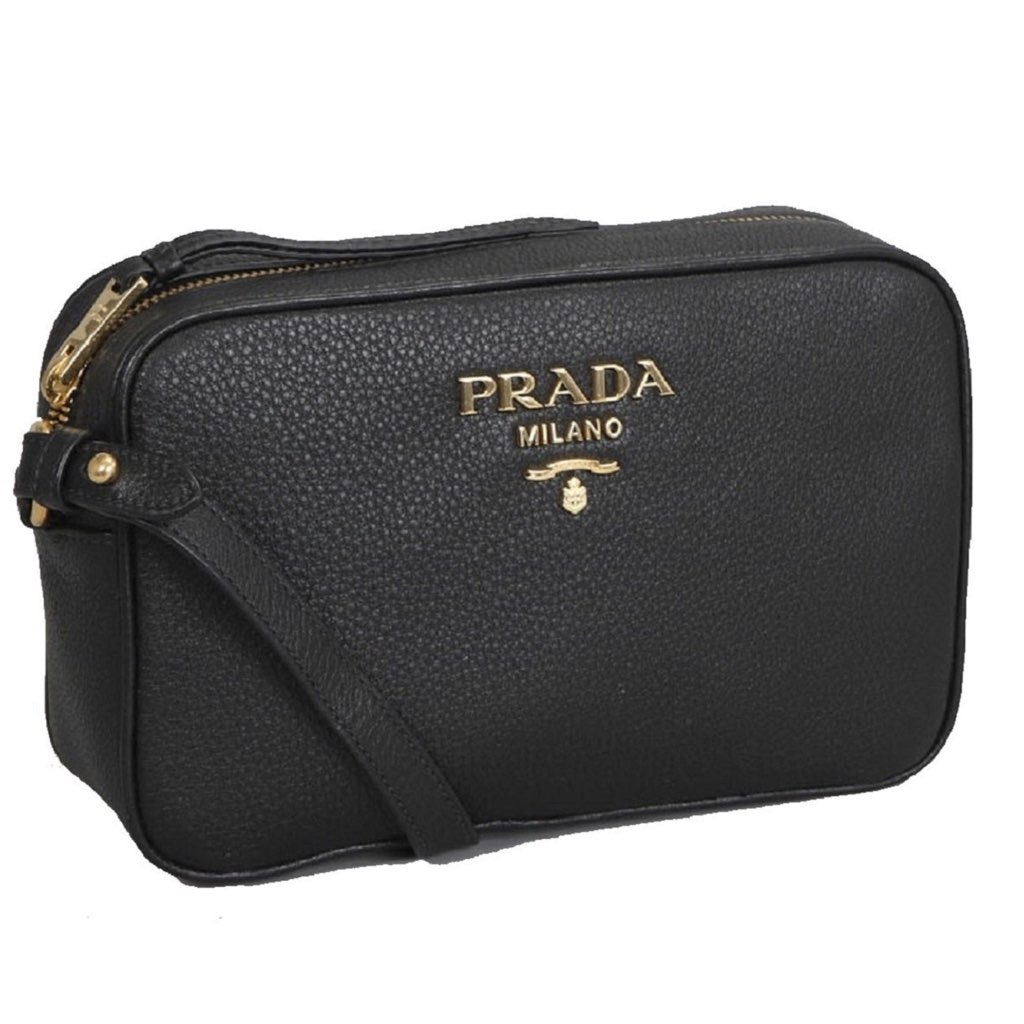 Prada Prada Vitello Phenix Black Leather Gold Logo Camera Crossbody Bag - Detail 1