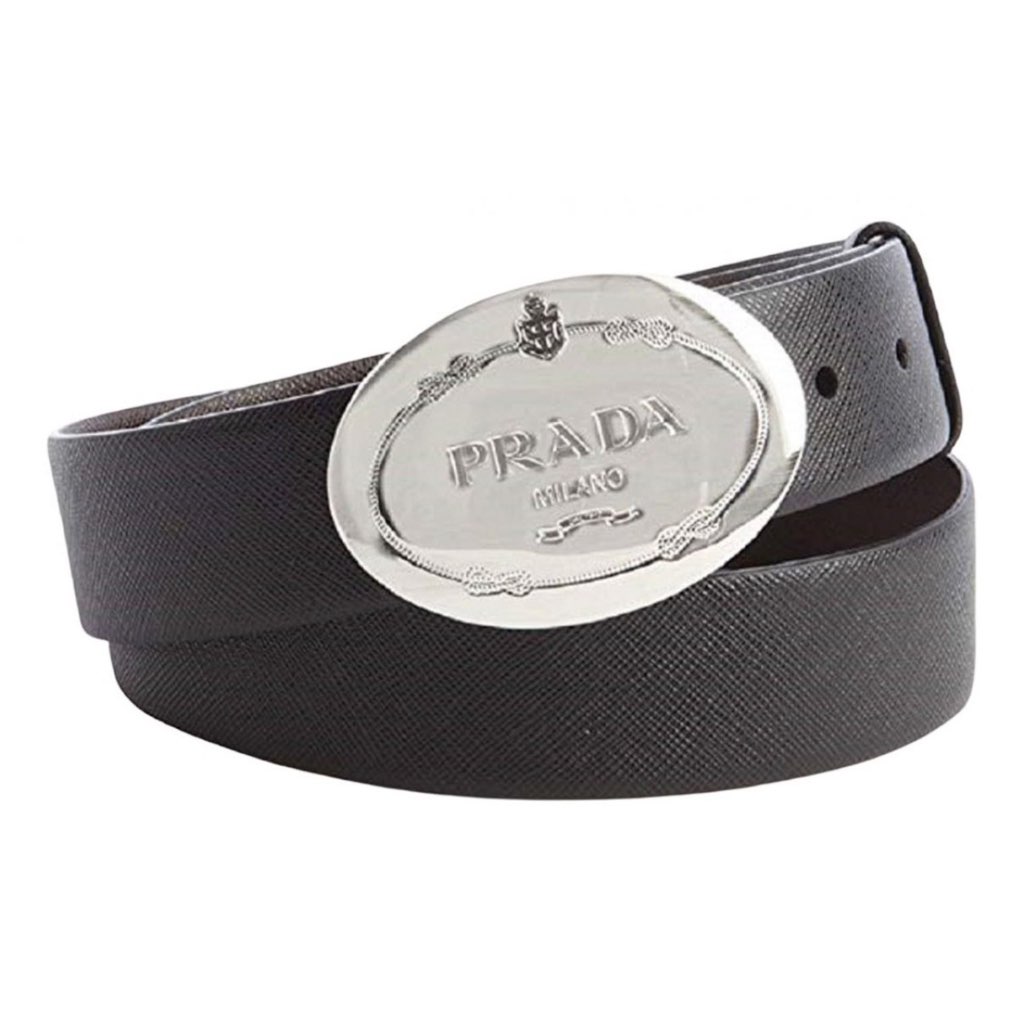 Prada Prada Black Saffiano Leather Engraved Oval Plaque Buckle Belt 110/44