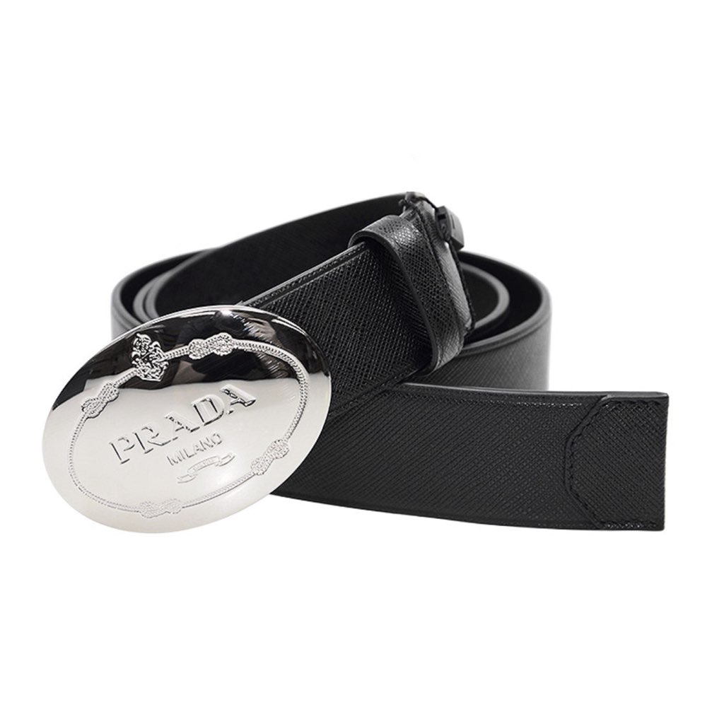 Prada Prada Black Saffiano Leather Engraved Oval Plaque Buckle Belt 110/44 - Back view
