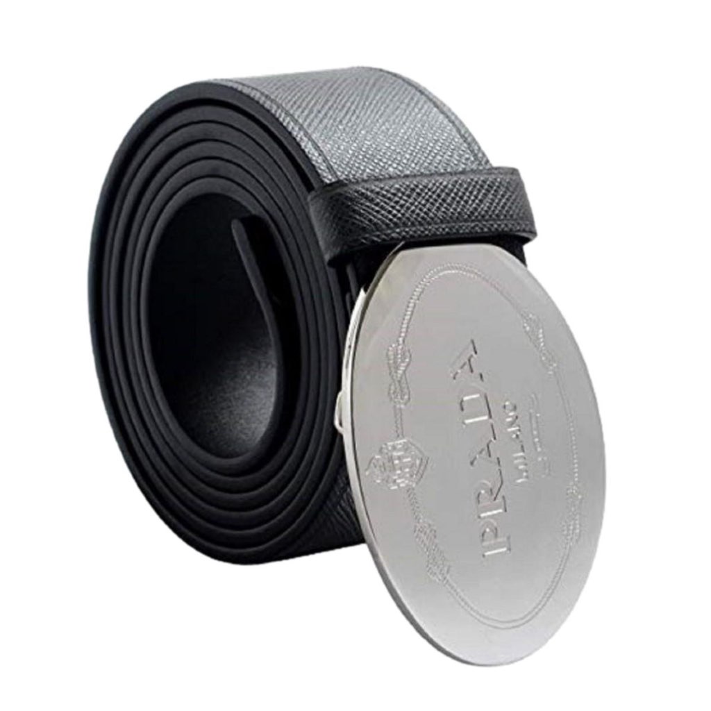 Prada Prada Black Saffiano Leather Engraved Oval Plaque Buckle Belt 110/44 - Image 6
