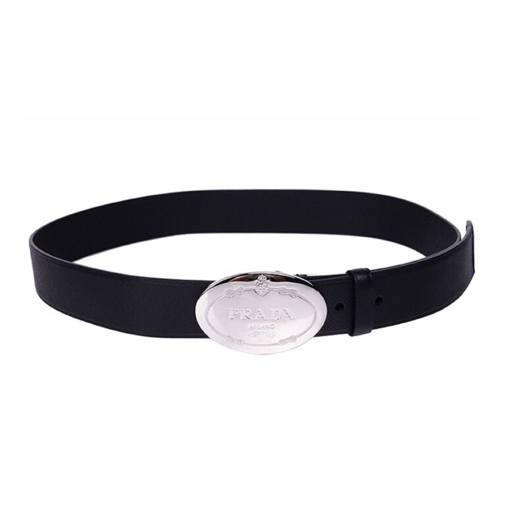 Prada Prada Black Saffiano Leather Engraved Oval Plaque Buckle Belt 110/44 - Detail 1