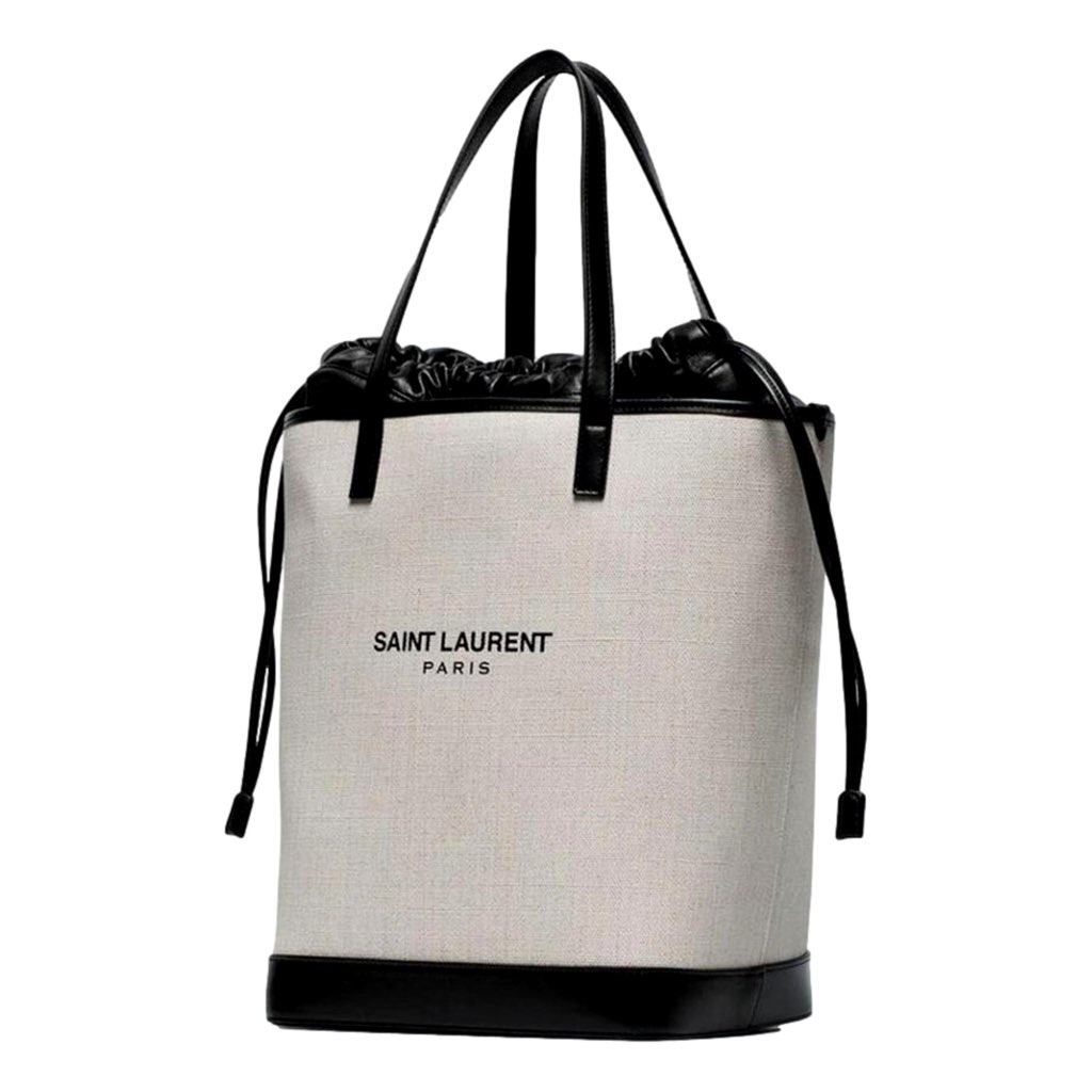 Saint Laurent Saint Laurent Teddy White Coated Linen Drawstring Bucket Bag - Image 13