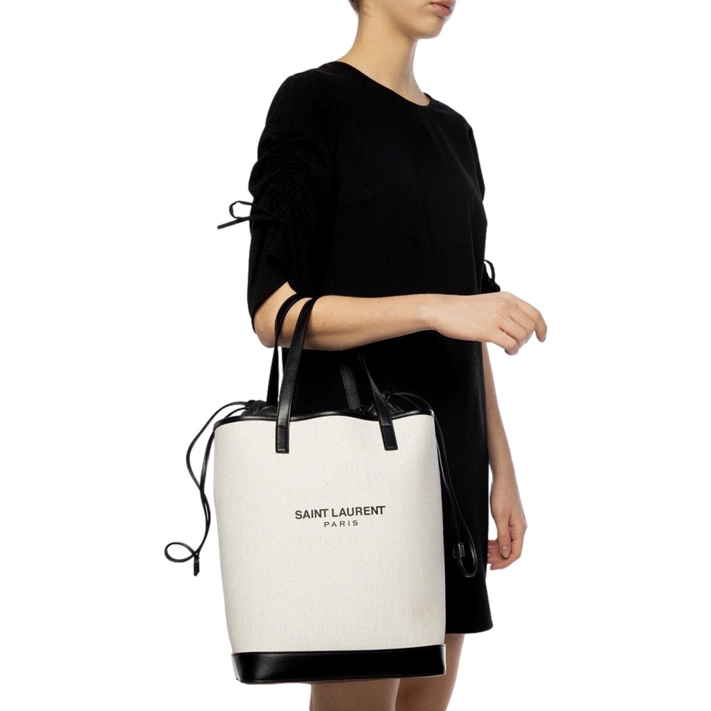 Saint Laurent Saint Laurent Teddy White Coated Linen Drawstring Bucket Bag - Image 6