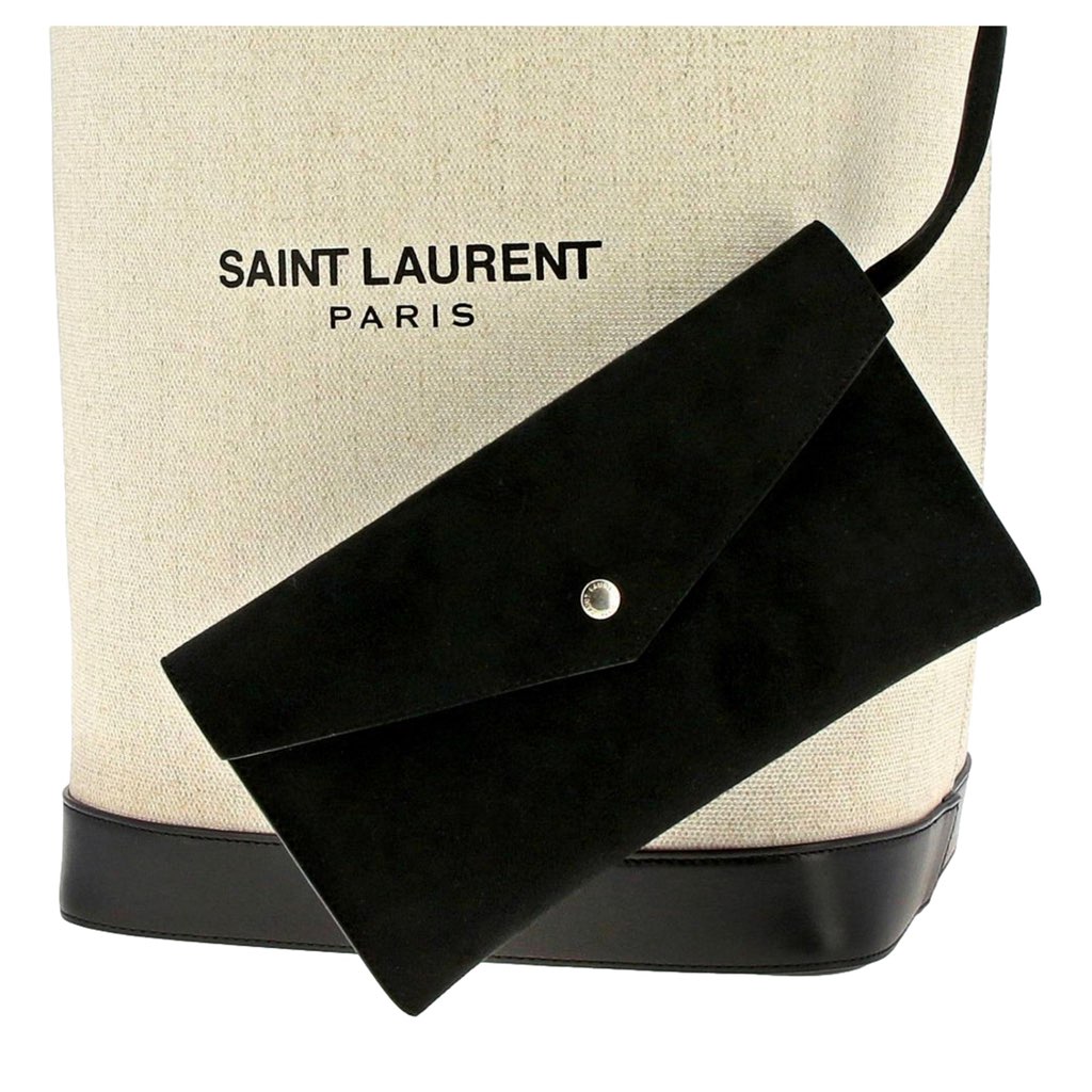 Saint Laurent Saint Laurent Teddy White Coated Linen Drawstring Bucket Bag - Image 12