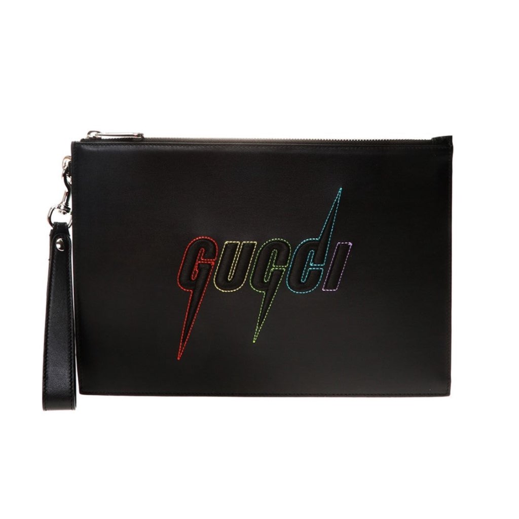 Gucci Gucci Blade Embroidered Black Leather Pouch Wristlet Bag