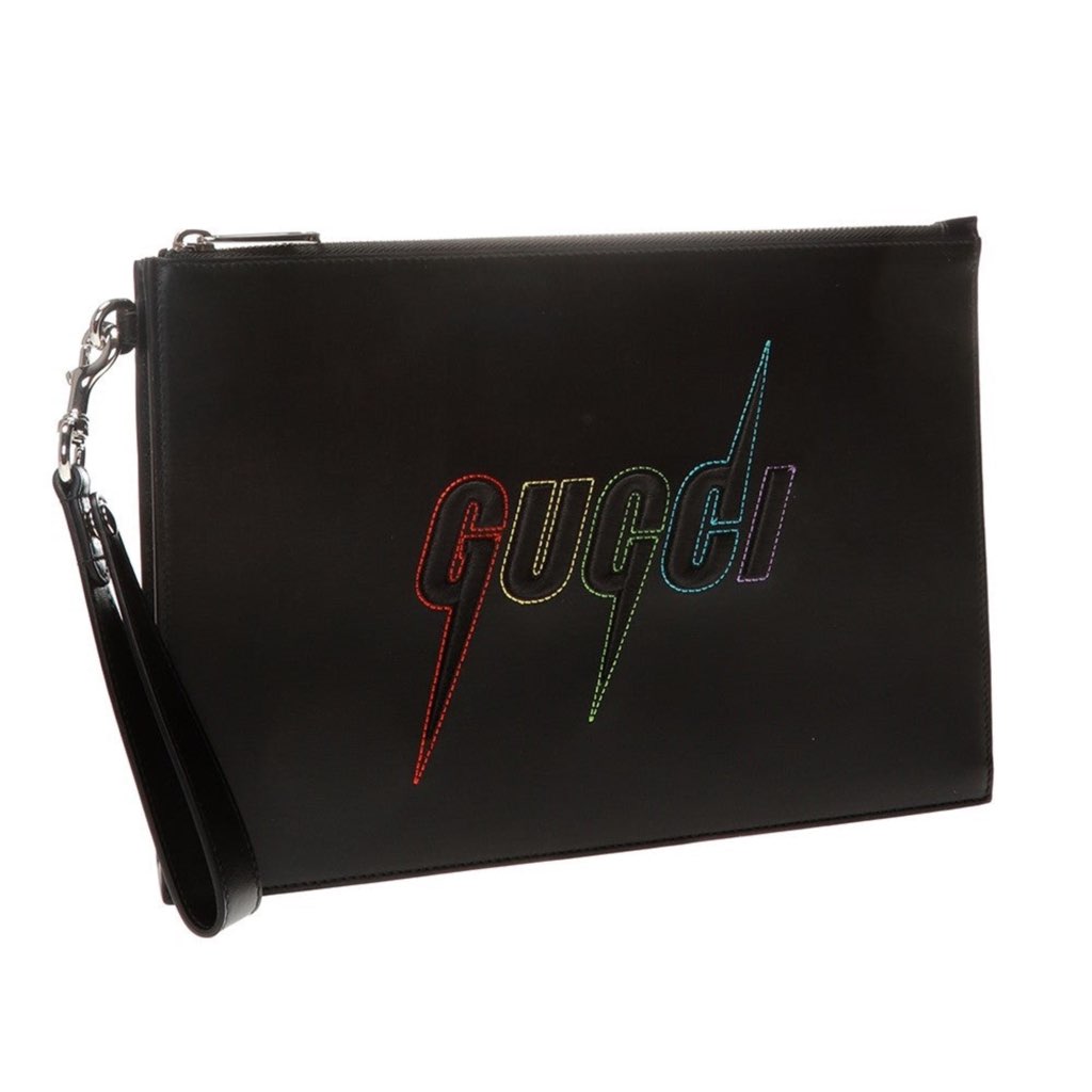 Gucci Gucci Blade Embroidered Black Leather Pouch Wristlet Bag - Back view