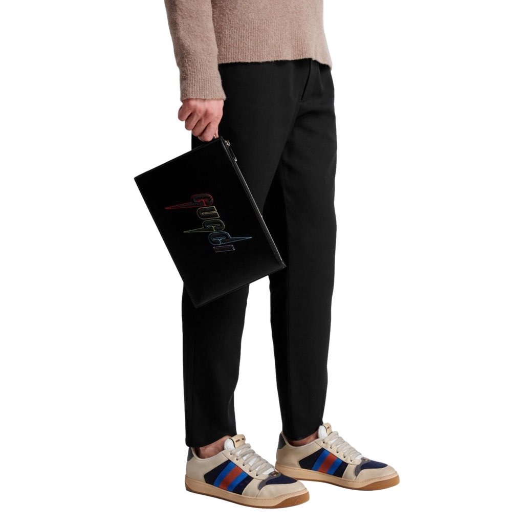 Gucci Gucci Blade Embroidered Black Leather Pouch Wristlet Bag - Side view