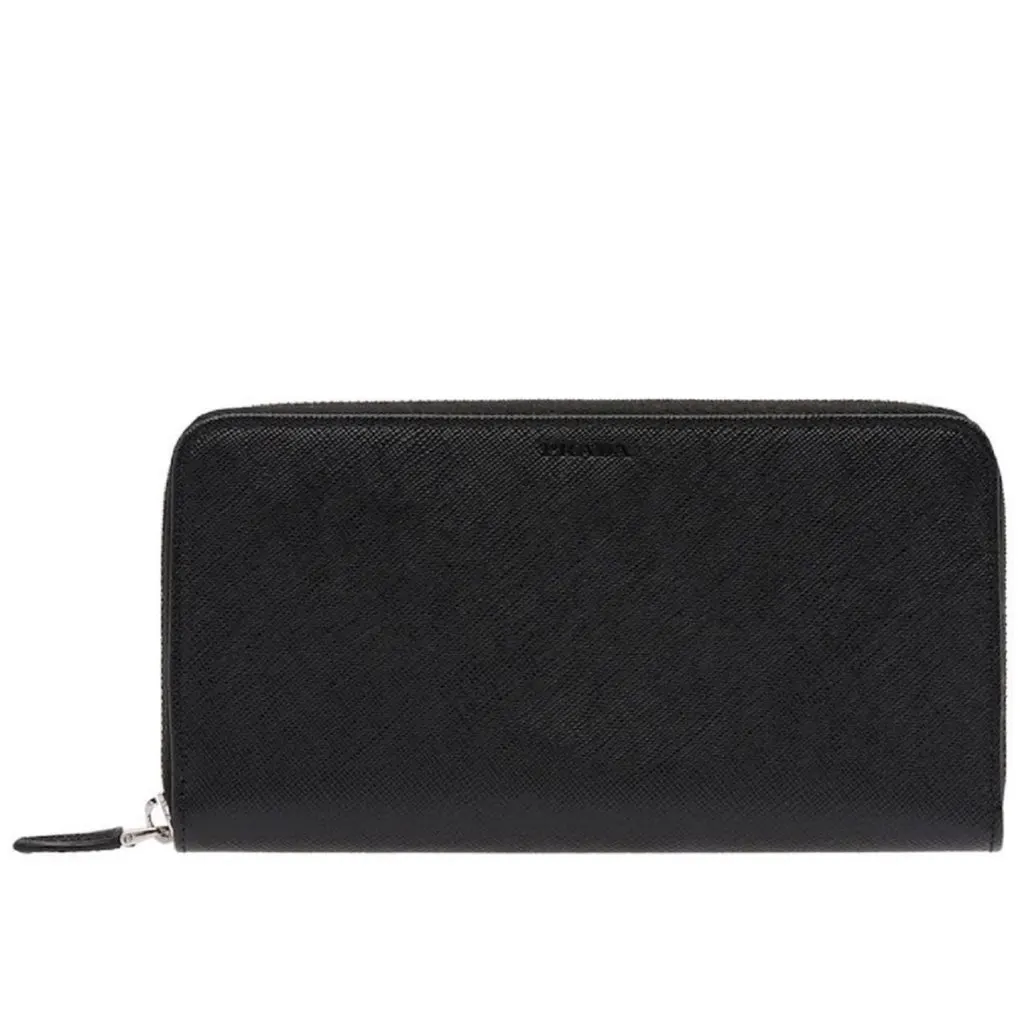 Prada Saffiano Active Black Leather Stripe Zip Around Wallet Black Leather Never worn, with tag - Front View