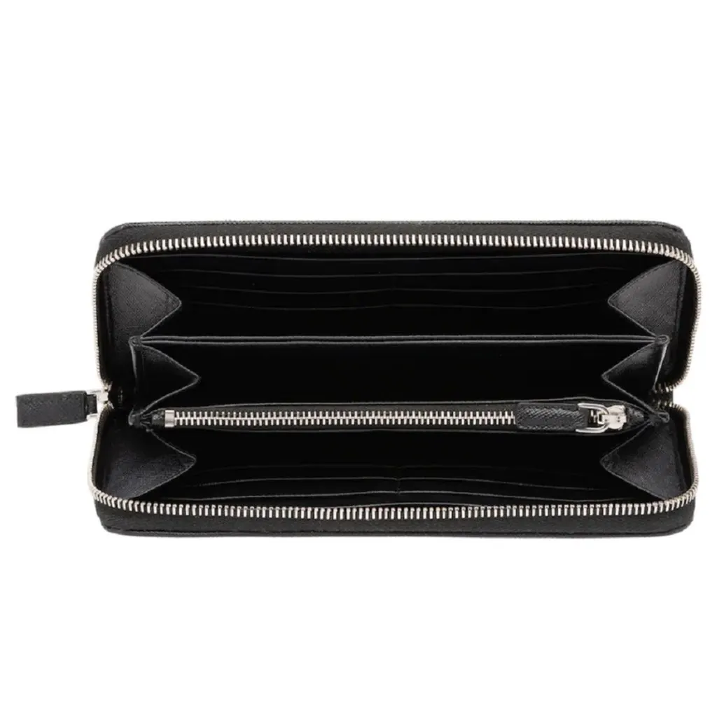 Prada Saffiano Active Black Leather Stripe Zip Around Wallet Black Leather Never worn, with tag - Model View
