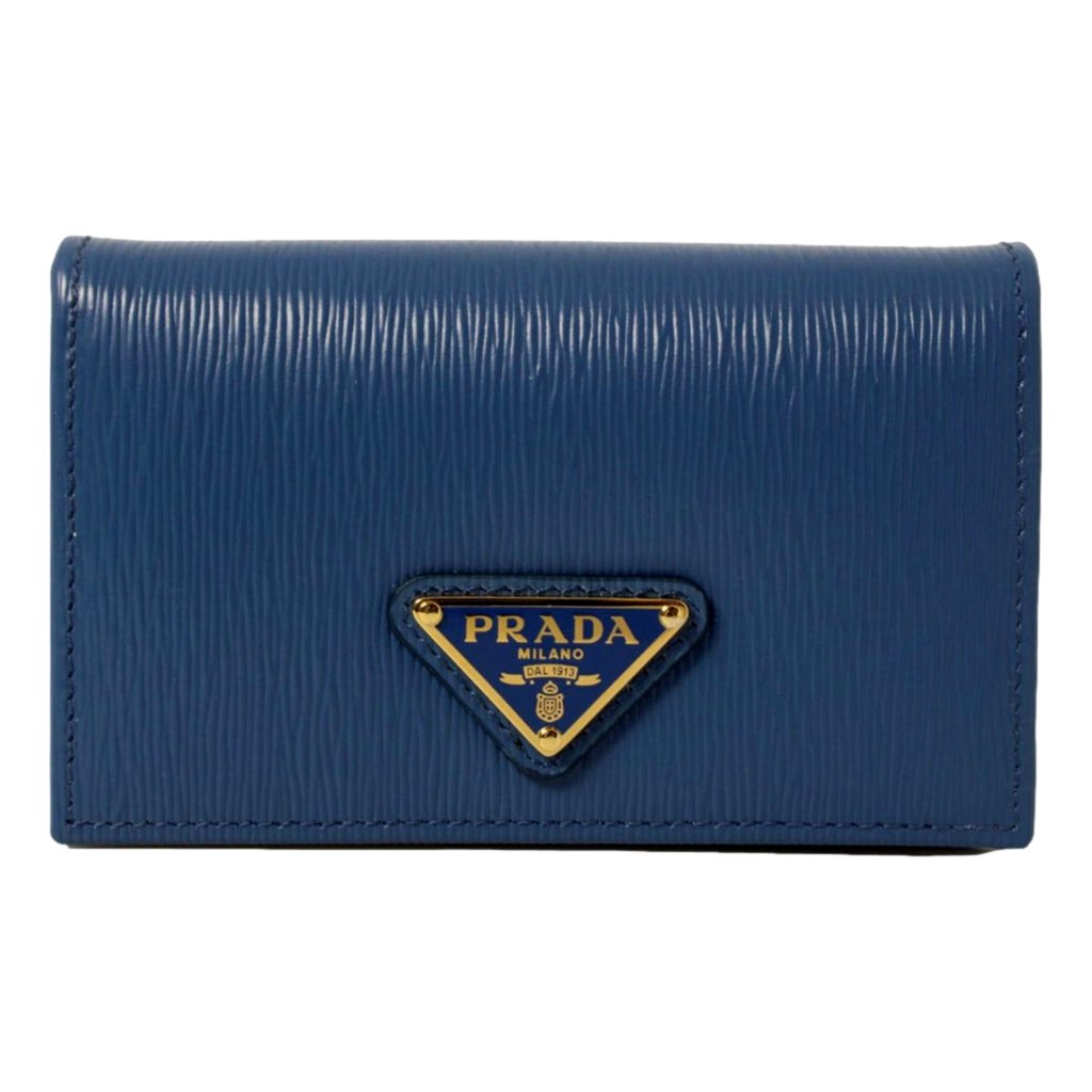 Prada Prada Blue Vitello Move Leather Triangle Logo Card Case Wallet