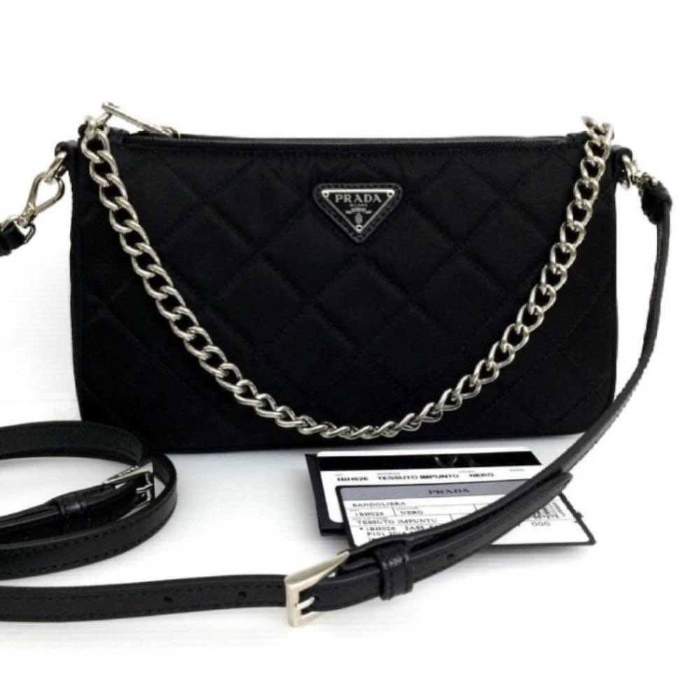 Prada Prada Black Tessuto Nylon Quilted Chain Crossbody Bag - Image 10