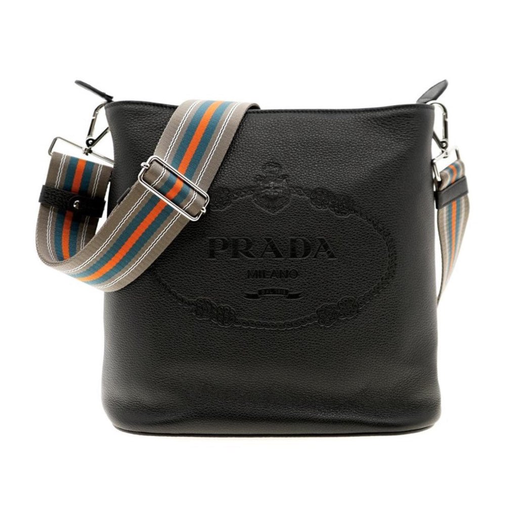 Prada Prada Vitello Phenix Black Leather Web Strap Crossbody Bucket Bag