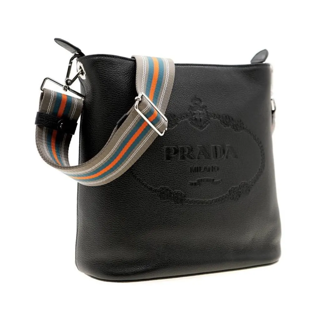 Prada Vitello Phenix Black Leather Web Strap Crossbody Bucket Bag Black Leather Never worn, with tag - Box View