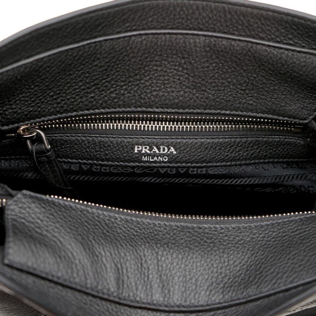 Prada Prada Vitello Phenix Black Leather Web Strap Crossbody Bucket Bag - Image 10