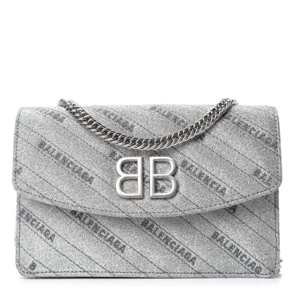 Balenciaga Balenciaga BB Silver Glittered Leather Wallet on Chain Bag