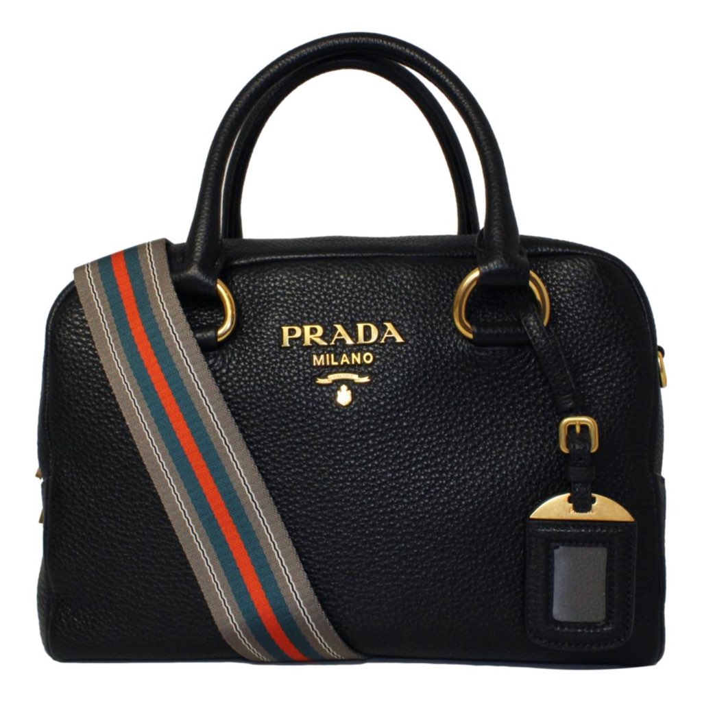Prada Prada Vitello Phenix Black Leather Web Stripe Crossbody Satchel Bag