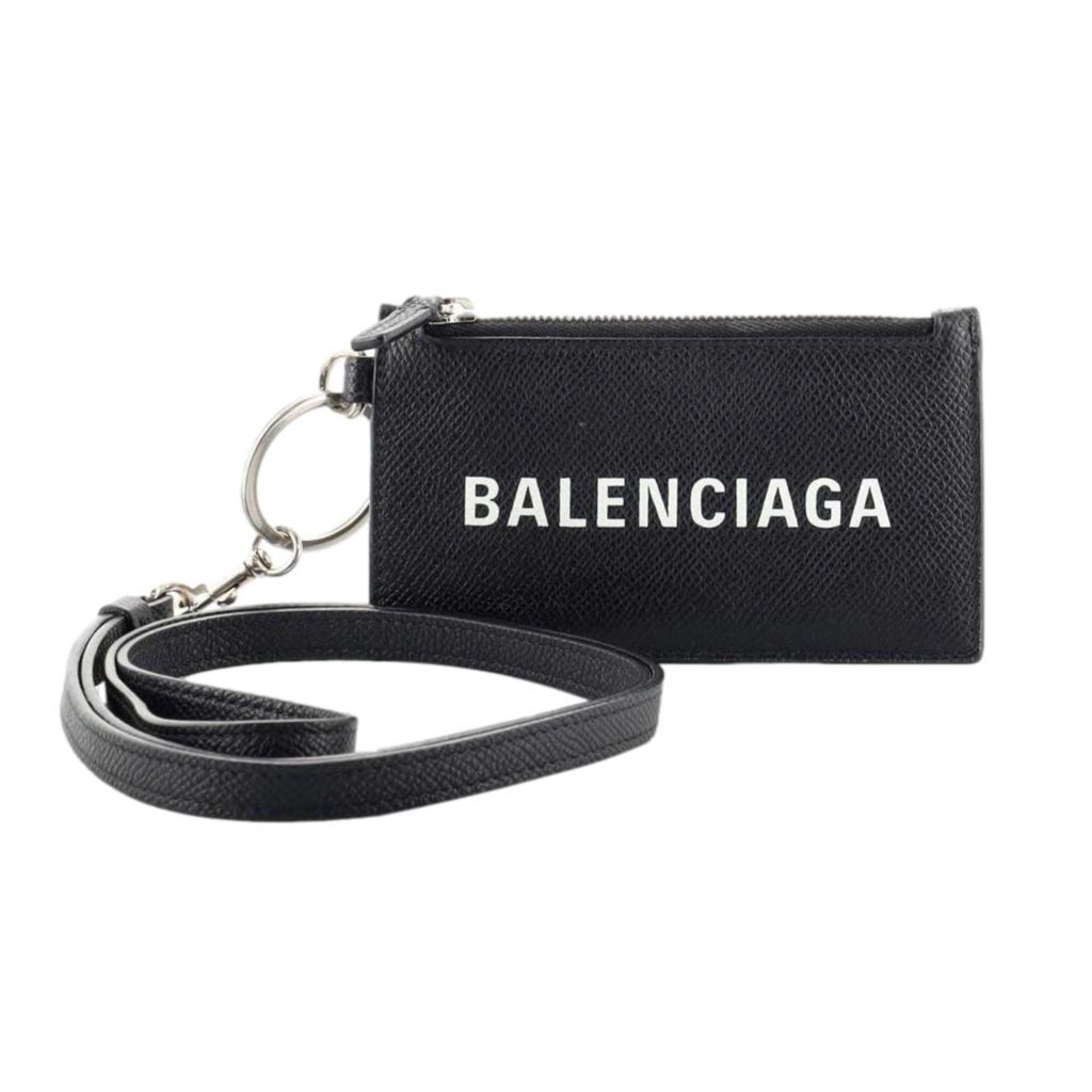 Balenciaga Balenciaga Cash Logo Black Grain Leather Neck Lanyard Card Holder Wallet
