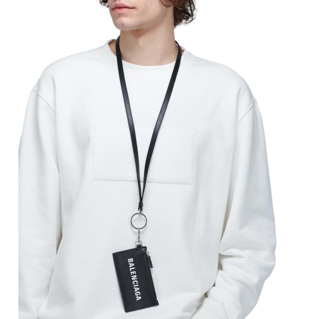 Balenciaga Balenciaga Cash Logo Black Grain Leather Neck Lanyard Card Holder Wallet - 4
