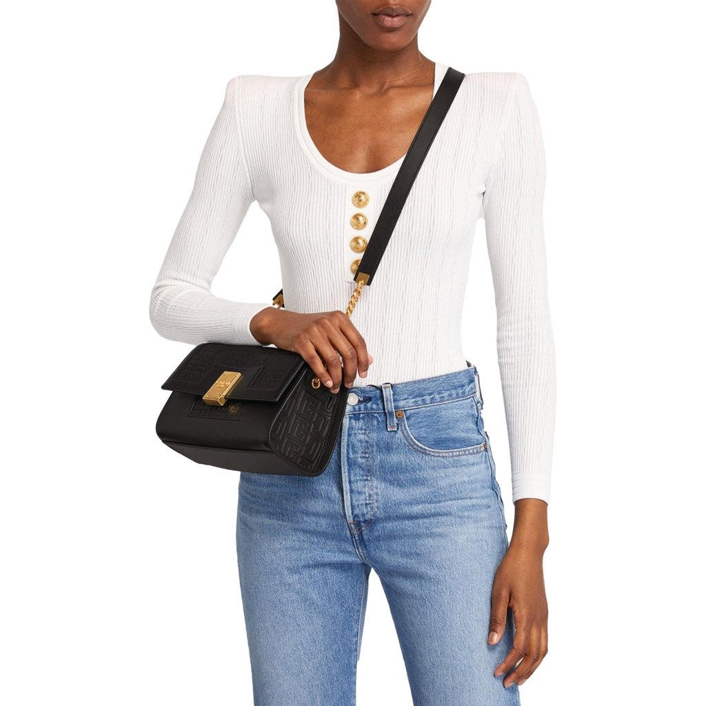 Balmain Balmain 1945 Black Leather Embossed Flap Medium Shoulder Bag - Back view