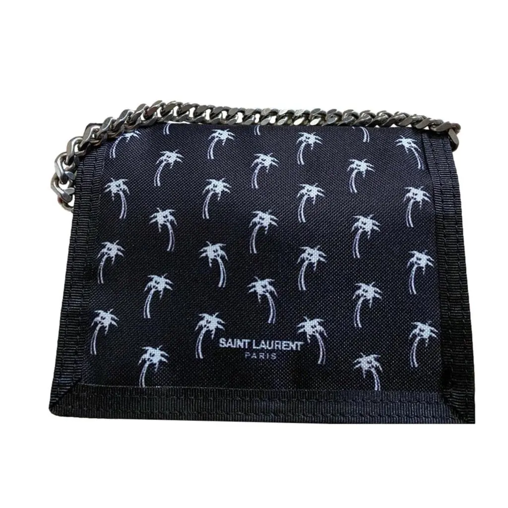 Saint Laurent Buffalo Palm Tree Black Nylon Chain Trifold Wallet Black Canvas Never worn, with tag - Front View