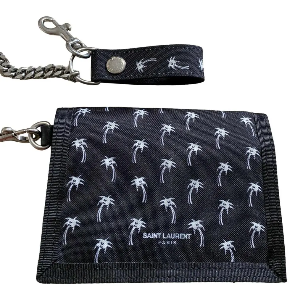 Saint Laurent Buffalo Palm Tree Black Nylon Chain Trifold Wallet Black Canvas Never worn, with tag - Model View