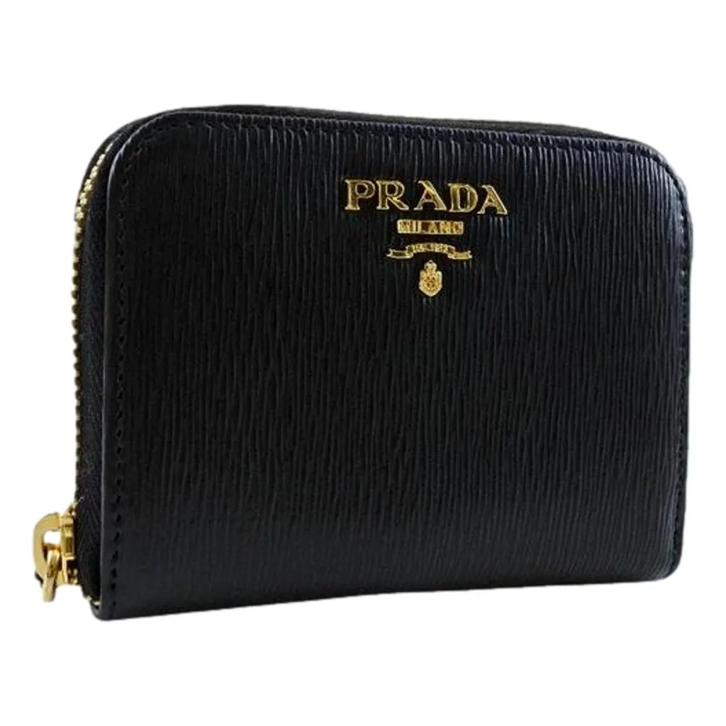 Prada Black Vitello Leather Gold Zip Coin Purse Wallet Black Leather Never worn, with tag - Front View