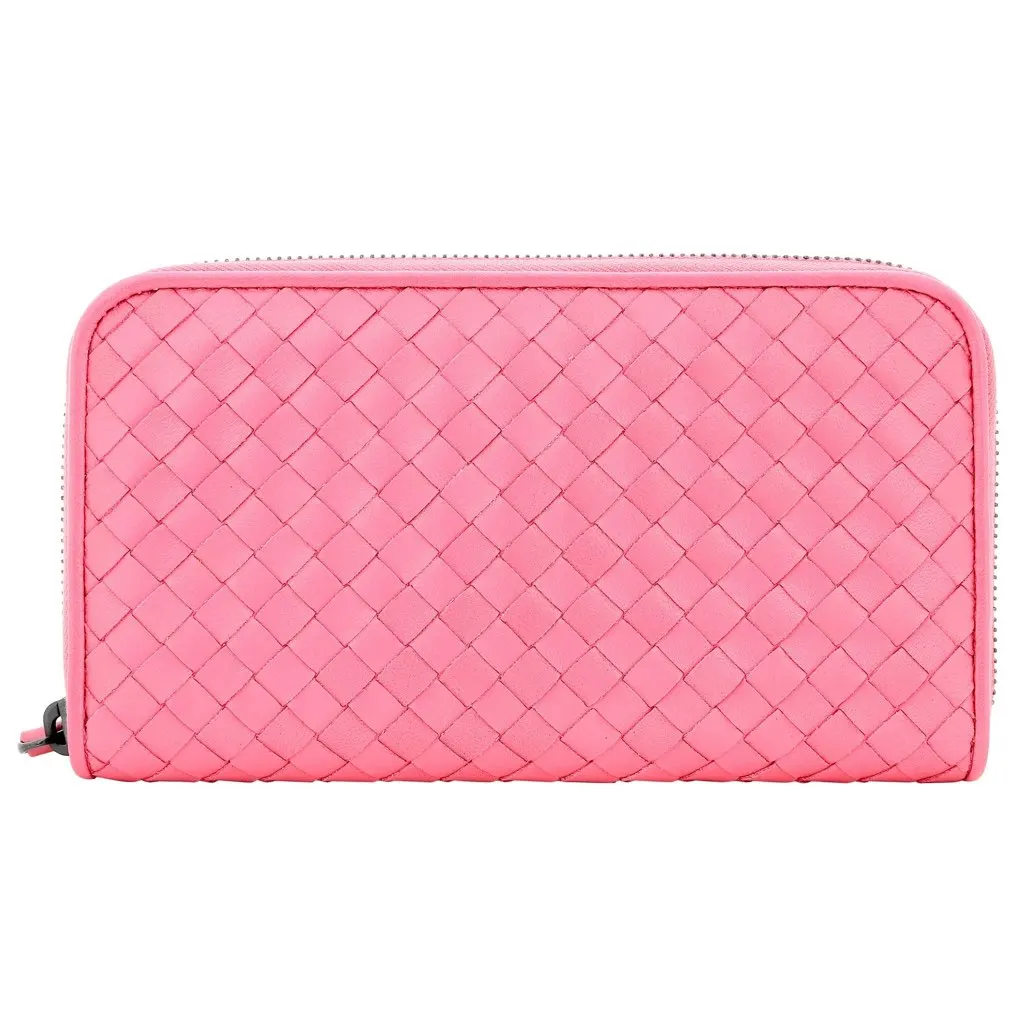 Bottega Veneta Intrecciato Zipper French Calf Leather Wallet Pink Pink Leather Never worn, with tag - Front View