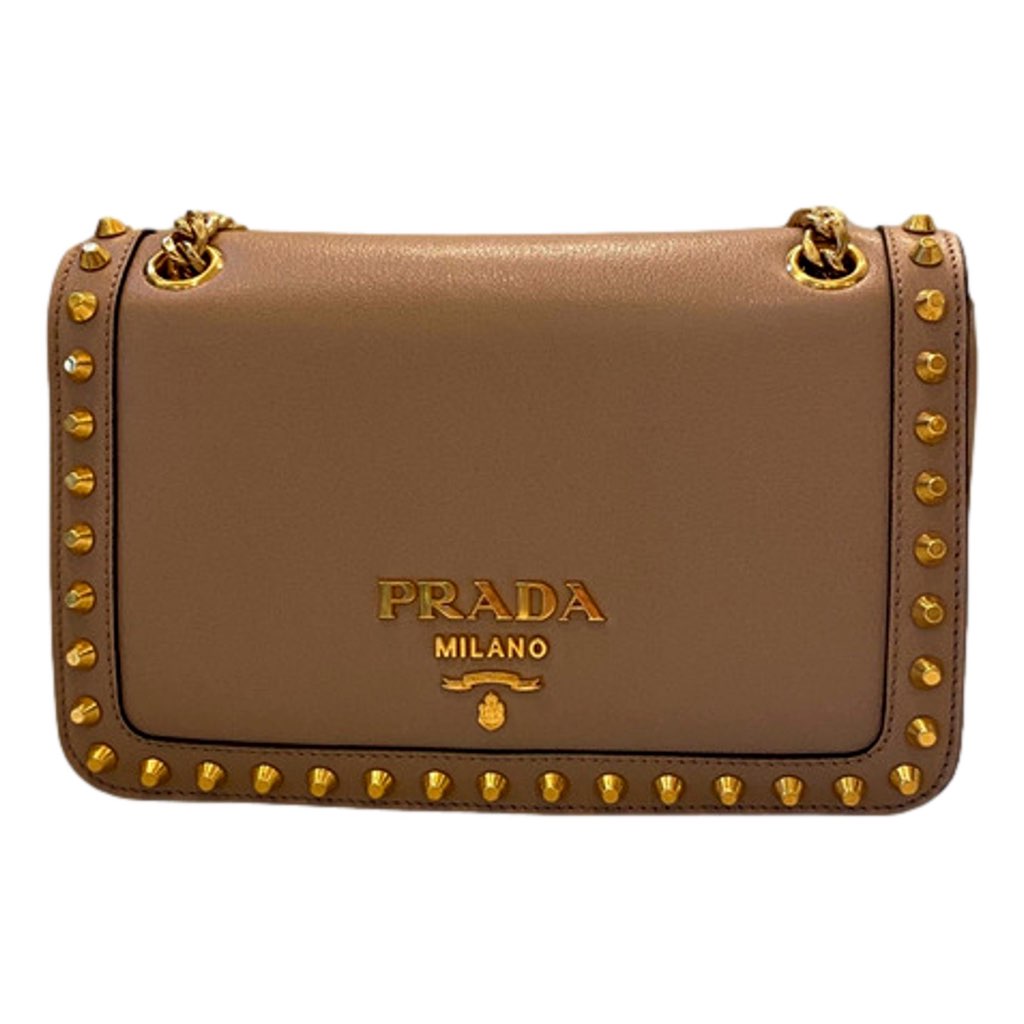 Prada Prada Pattina Glace Calf Leather Cammeo Beige Gold Studded Bag - Back view