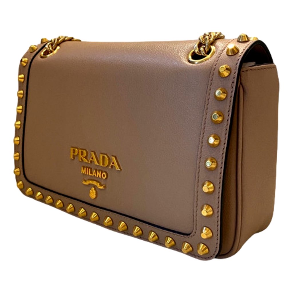 Prada Prada Pattina Glace Calf Leather Cammeo Beige Gold Studded Bag - Image 6