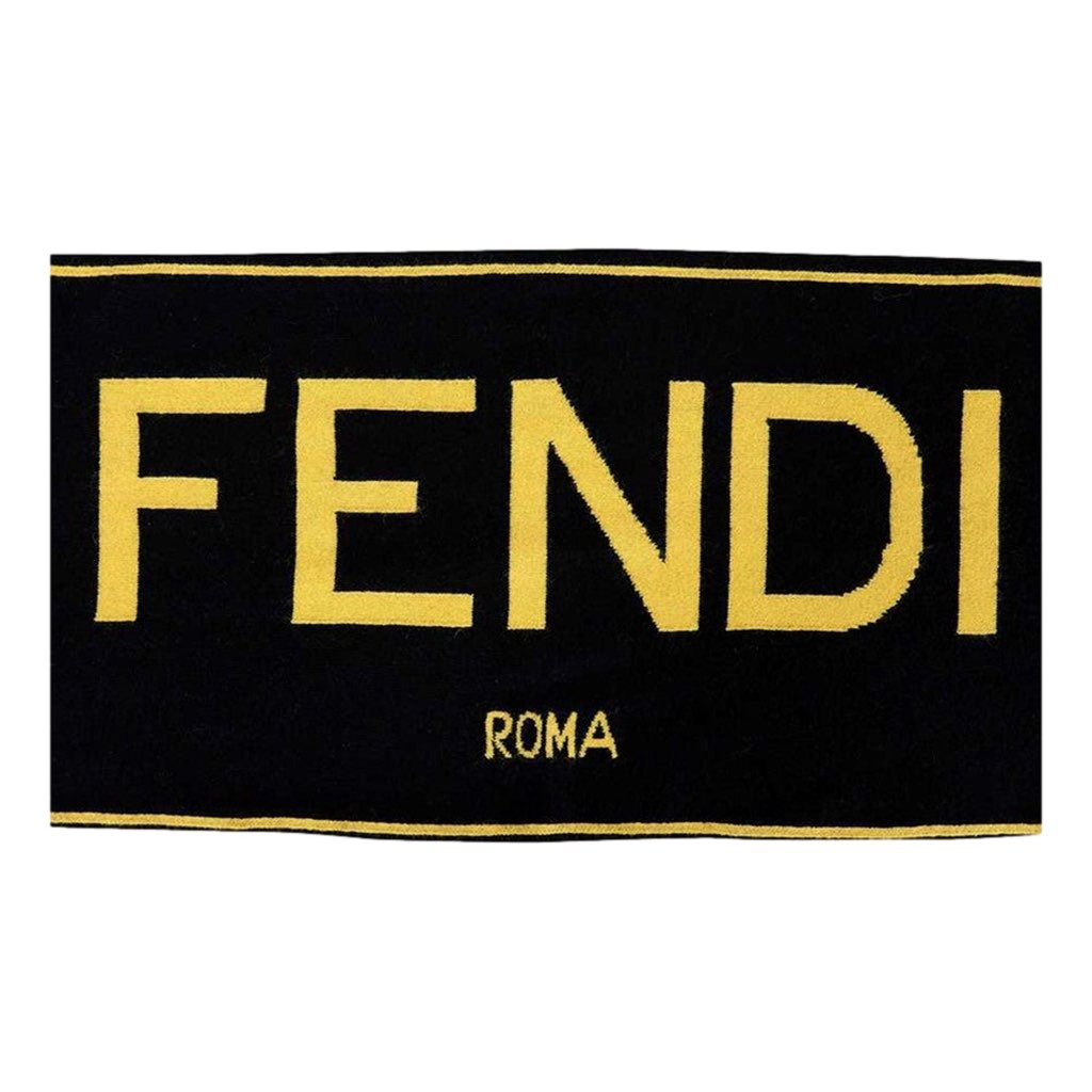 Fendi Fendi Roma Knitted Wool Cashmere Black Yellow Logo Scarf