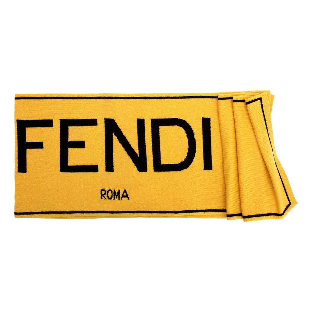Fendi Fendi Roma Knitted Wool & Cashmere Yellow Black Logo Scarf