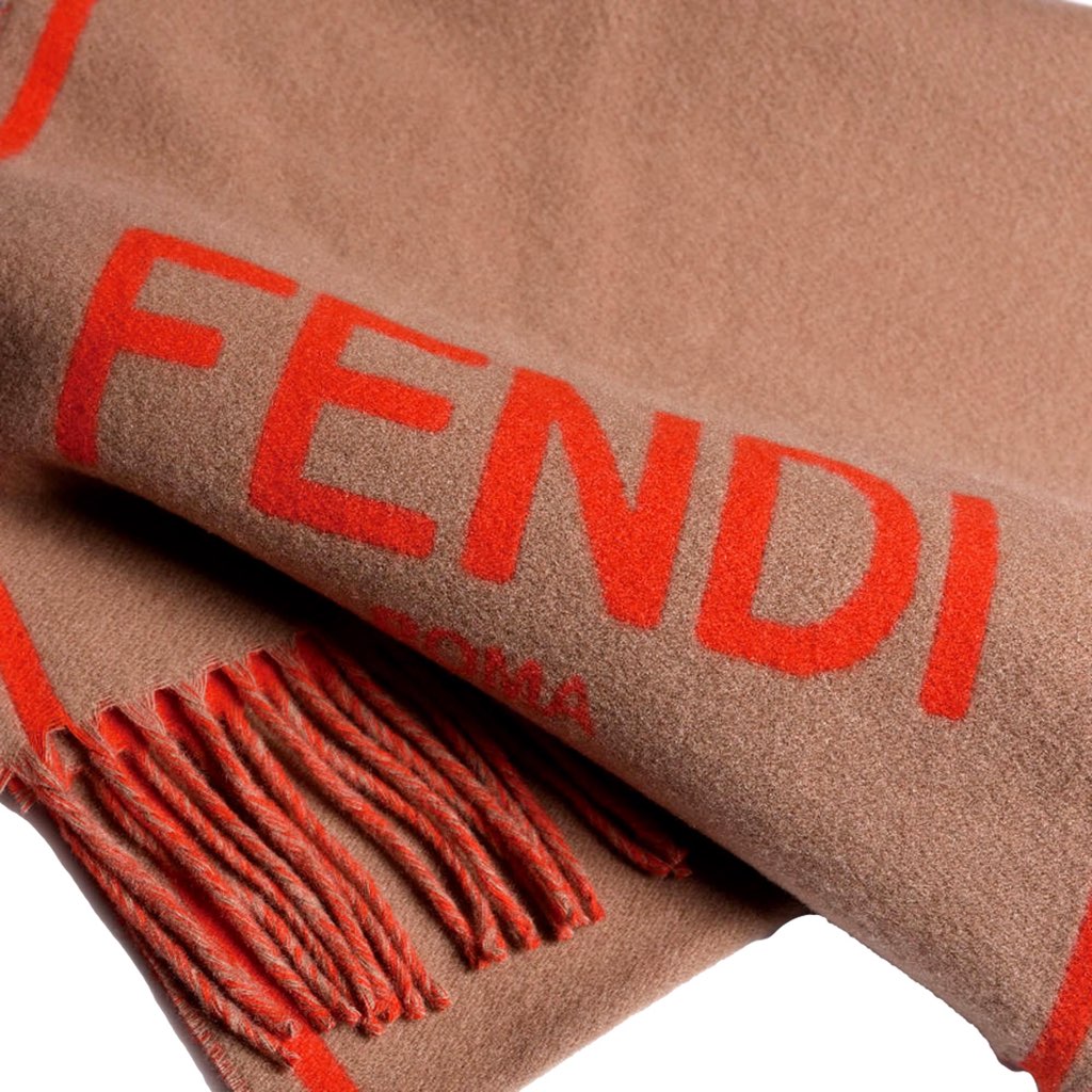 Fendi Fendi Roma Cashmere Scarf Beige Orange Logo - 4