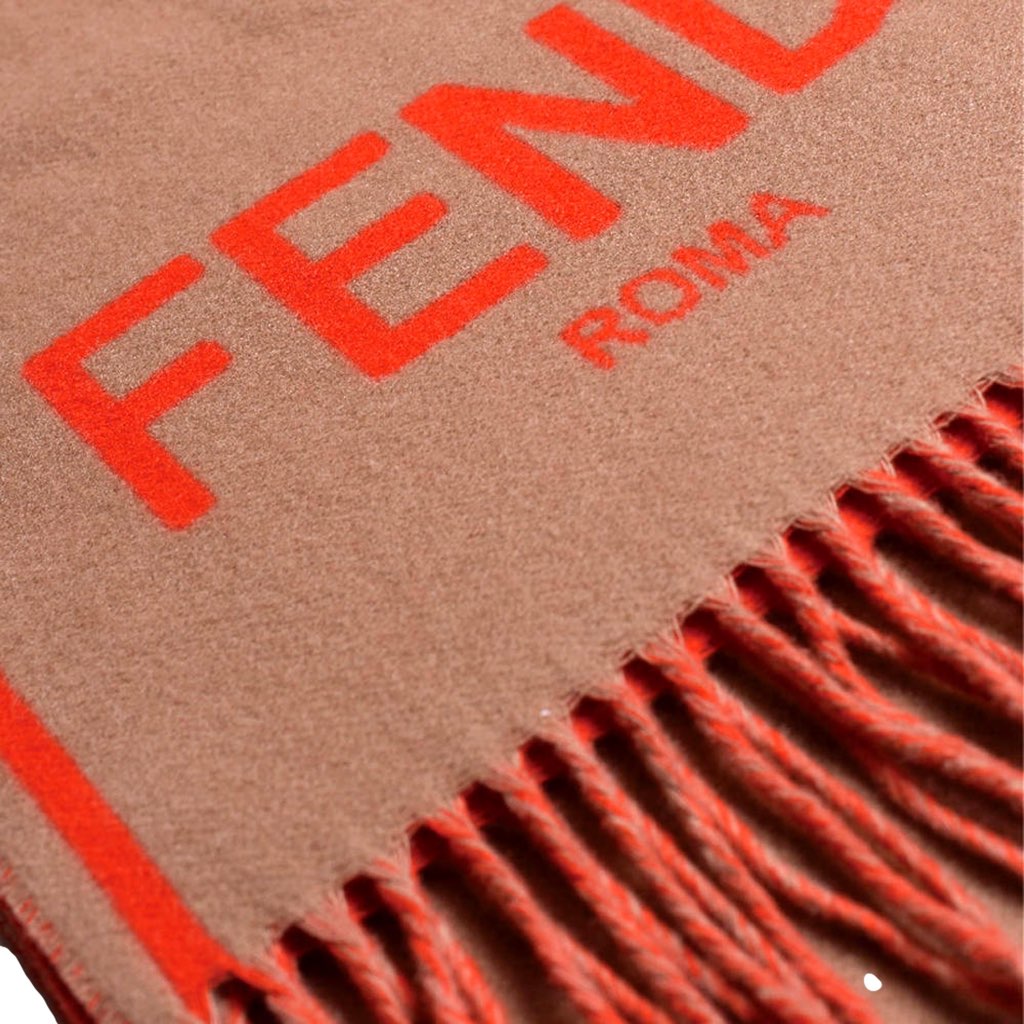 Fendi Fendi Roma Cashmere Scarf Beige Orange Logo - Side view