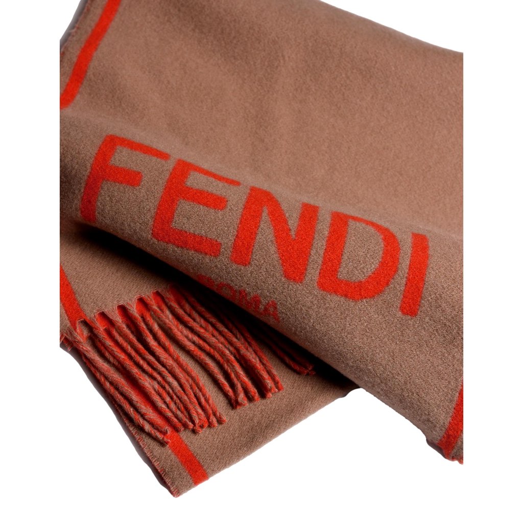 Fendi Fendi Roma Cashmere Scarf Beige Orange Logo - Detail 1