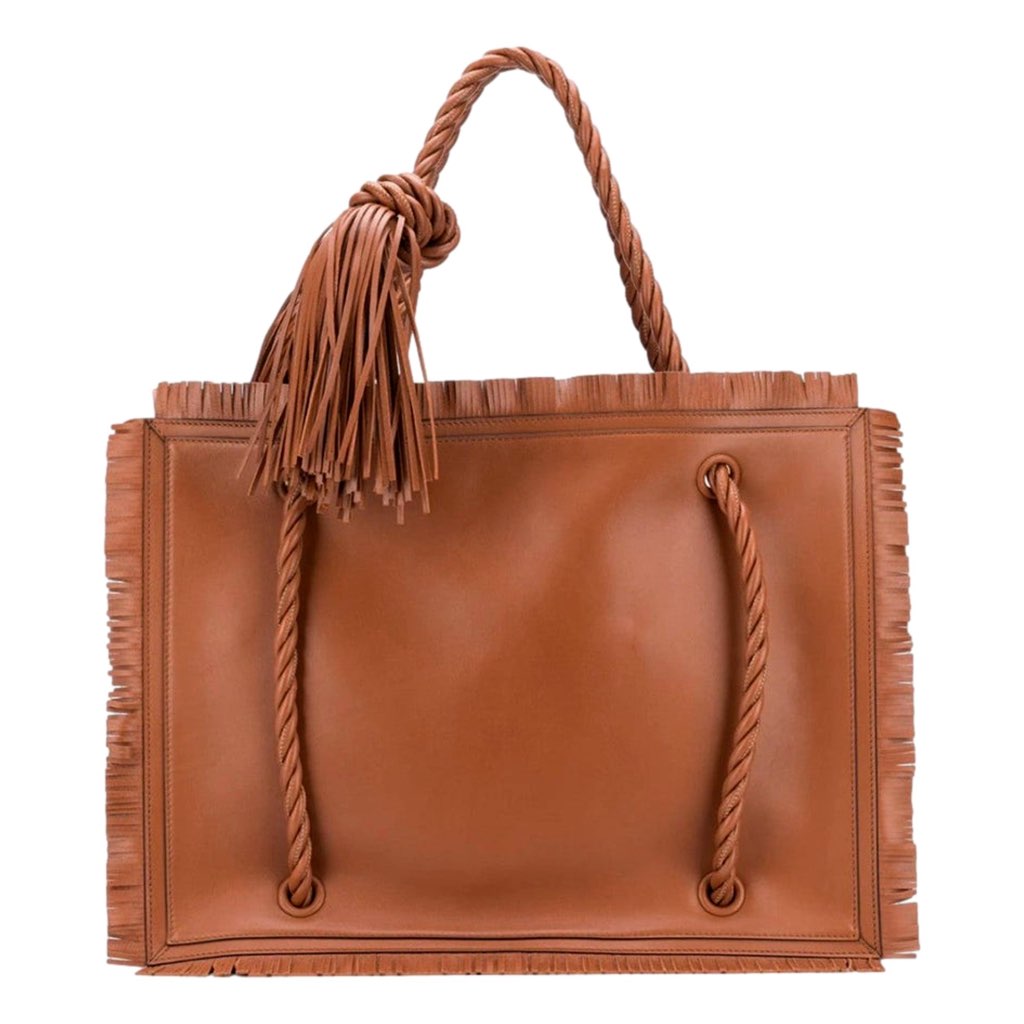 Valentino Garavani Valentino Garavani The Rope Large Fringe Brown Leather Tote Bag - Back view