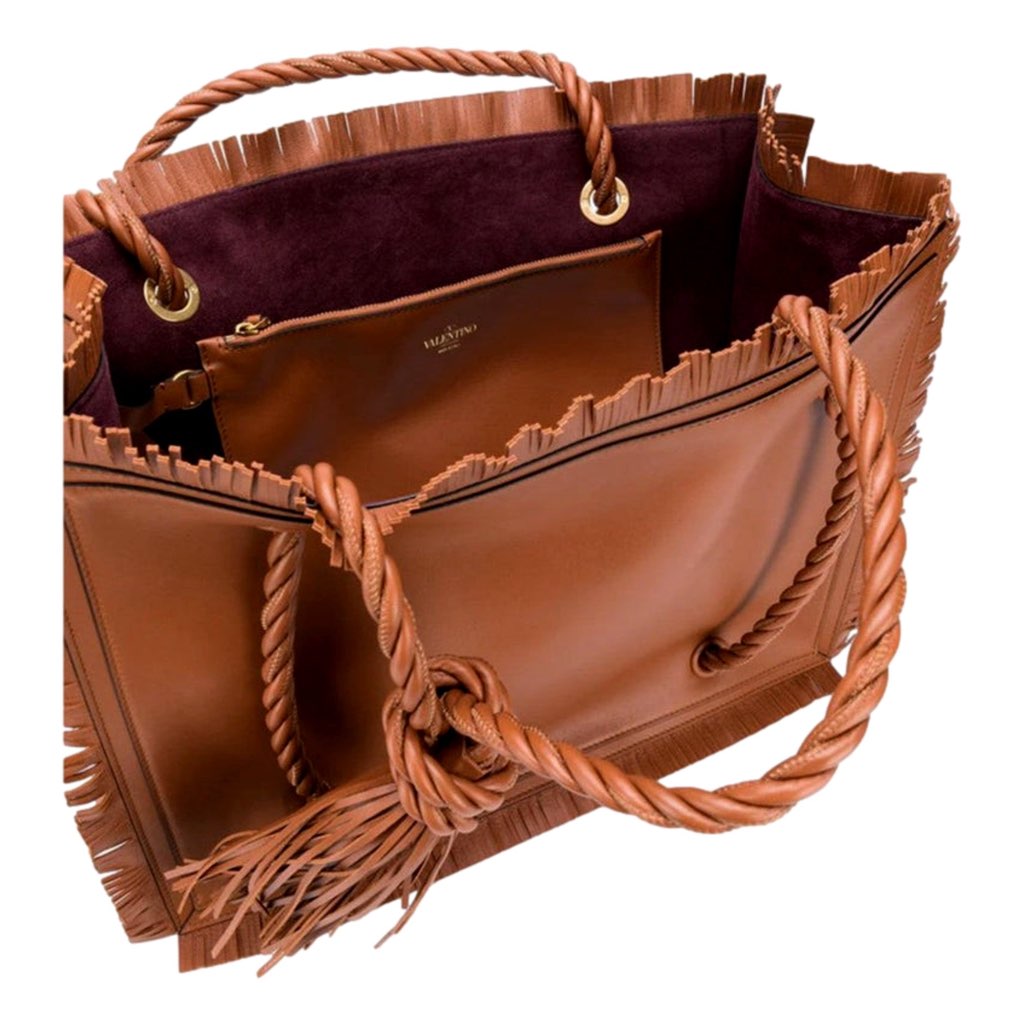 Valentino Garavani Valentino Garavani The Rope Large Fringe Brown Leather Tote Bag - Image 6