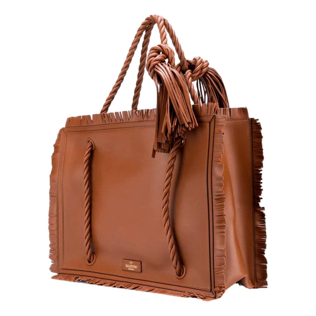Valentino Garavani Valentino Garavani The Rope Large Fringe Brown Leather Tote Bag - 4