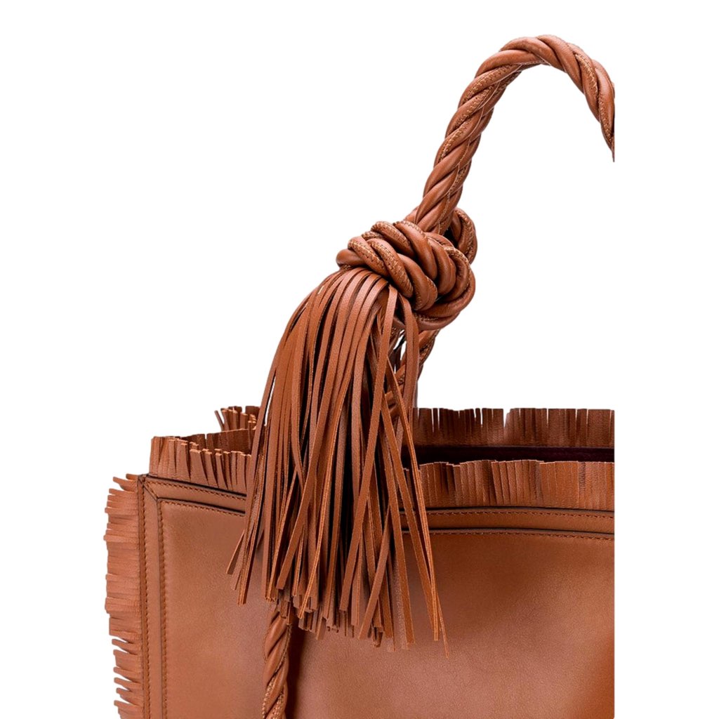Valentino Garavani Valentino Garavani The Rope Large Fringe Brown Leather Tote Bag - Side view