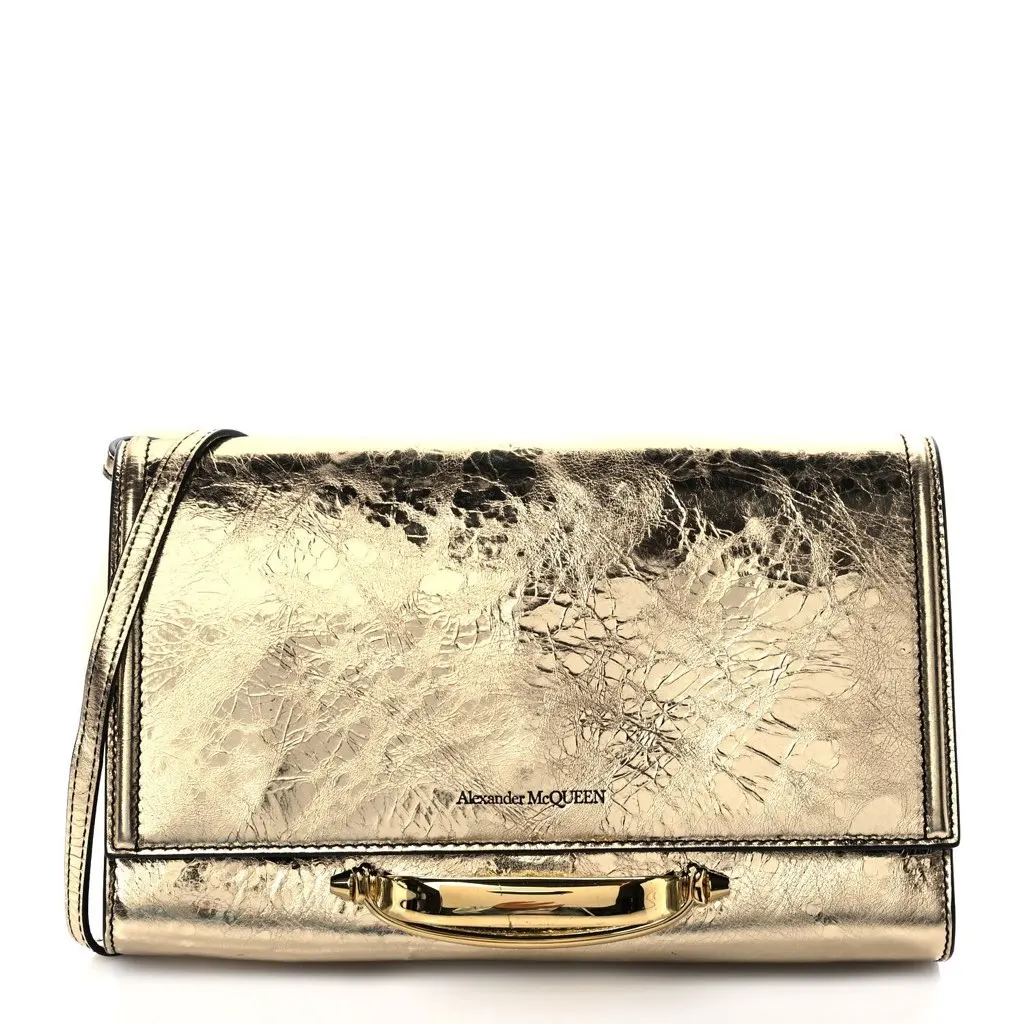 Alexander Mcqueen Small Story Gold Crash Calf Leather Shoulder Bag Gold Leather Never worn, with tag - Front View