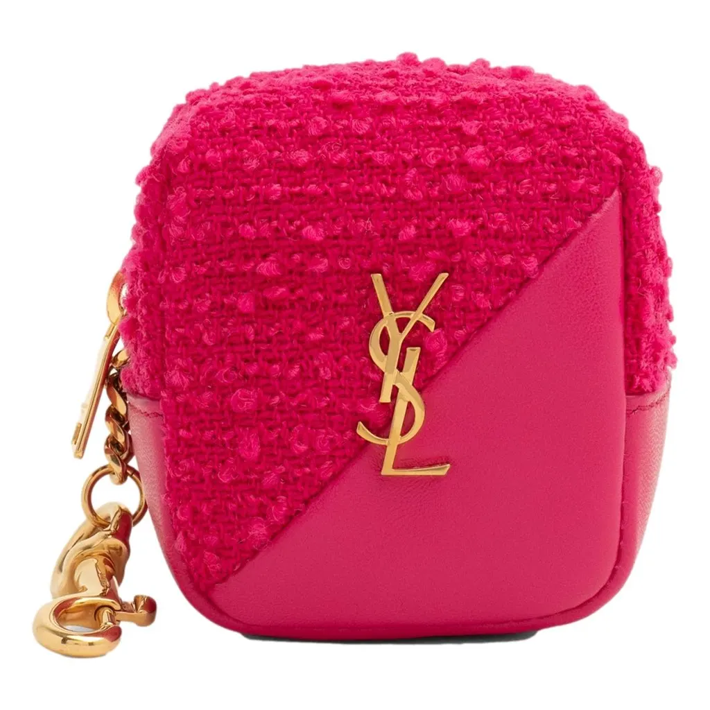Saint Laurent Jamie YSL Keyring Cube Magenta Tweed Leather Pink Never worn, with tag - Front View