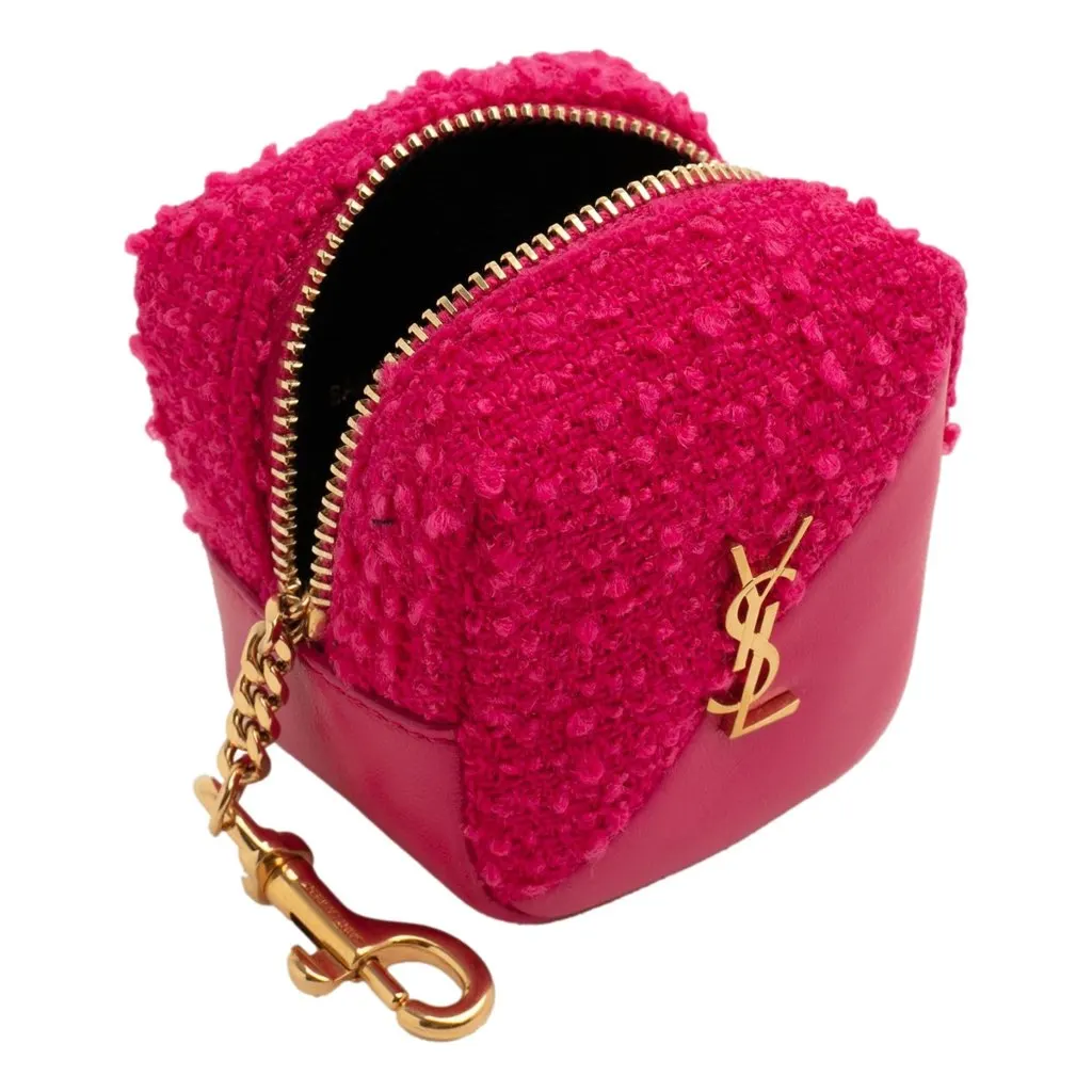 Saint Laurent Jamie YSL Keyring Cube Magenta Tweed Leather Pink Never worn, with tag - Model View