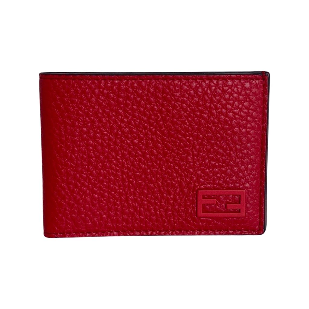 Fendi Fendi Red Grained Leather FF Logo Bifold Wallet - Side view