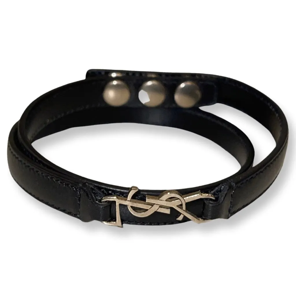 Saint Laurent Monogram Logo Black Leather Wrap Snap Bracelet Black Never worn, with tag - Front View
