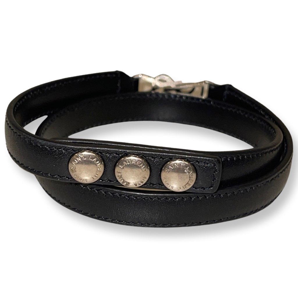 Saint Laurent Saint Laurent Monogram Logo Black Leather Wrap Snap Bracelet - Back view