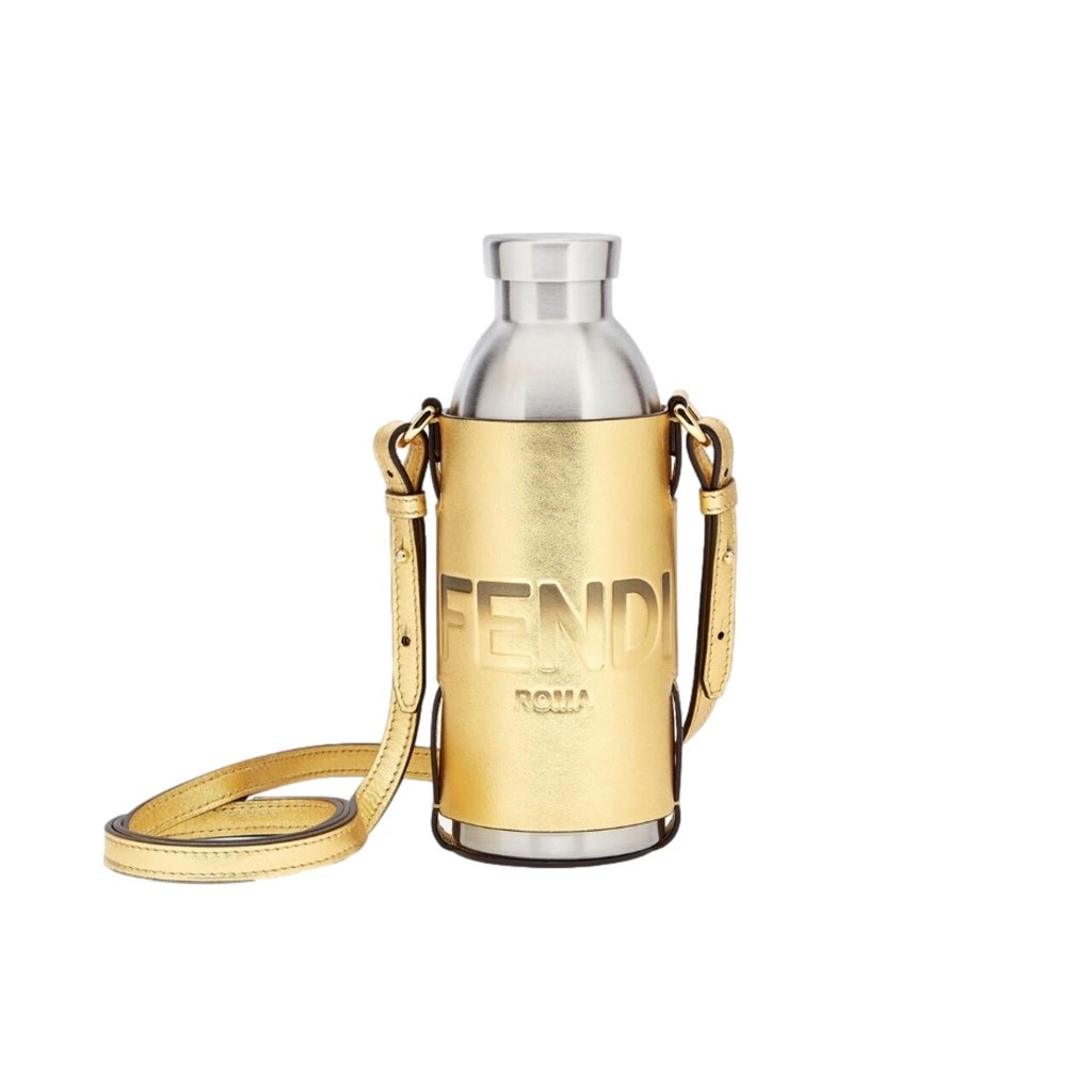 Fendi Fendi Roma Logo Steel Bottle and Gold Leather Holder Set