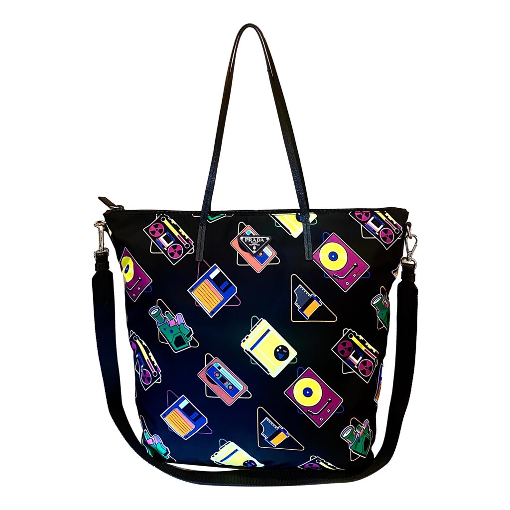 Prada Prada Cassette Print Black Nylon Convertible Shopping Tote Handbag - Back view