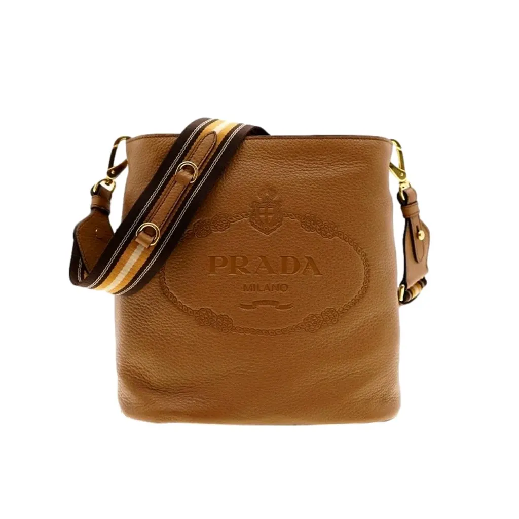 Prada Vitello Phenix Bucket Crossbody Bag Caramel Brown Web Strap Brown Leather Never worn, with tag - Front View